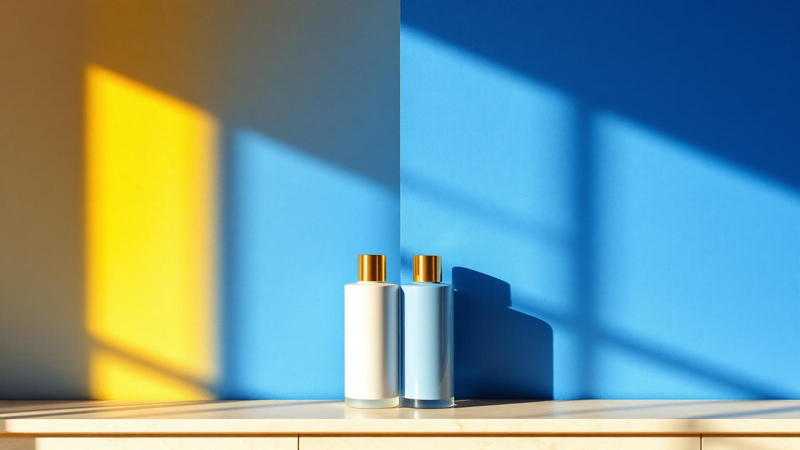 Unlabeled frosted bottle and stone jar on ribbed linen, half in cool daylight and half in warm lamplight, showing the morning and evening routine