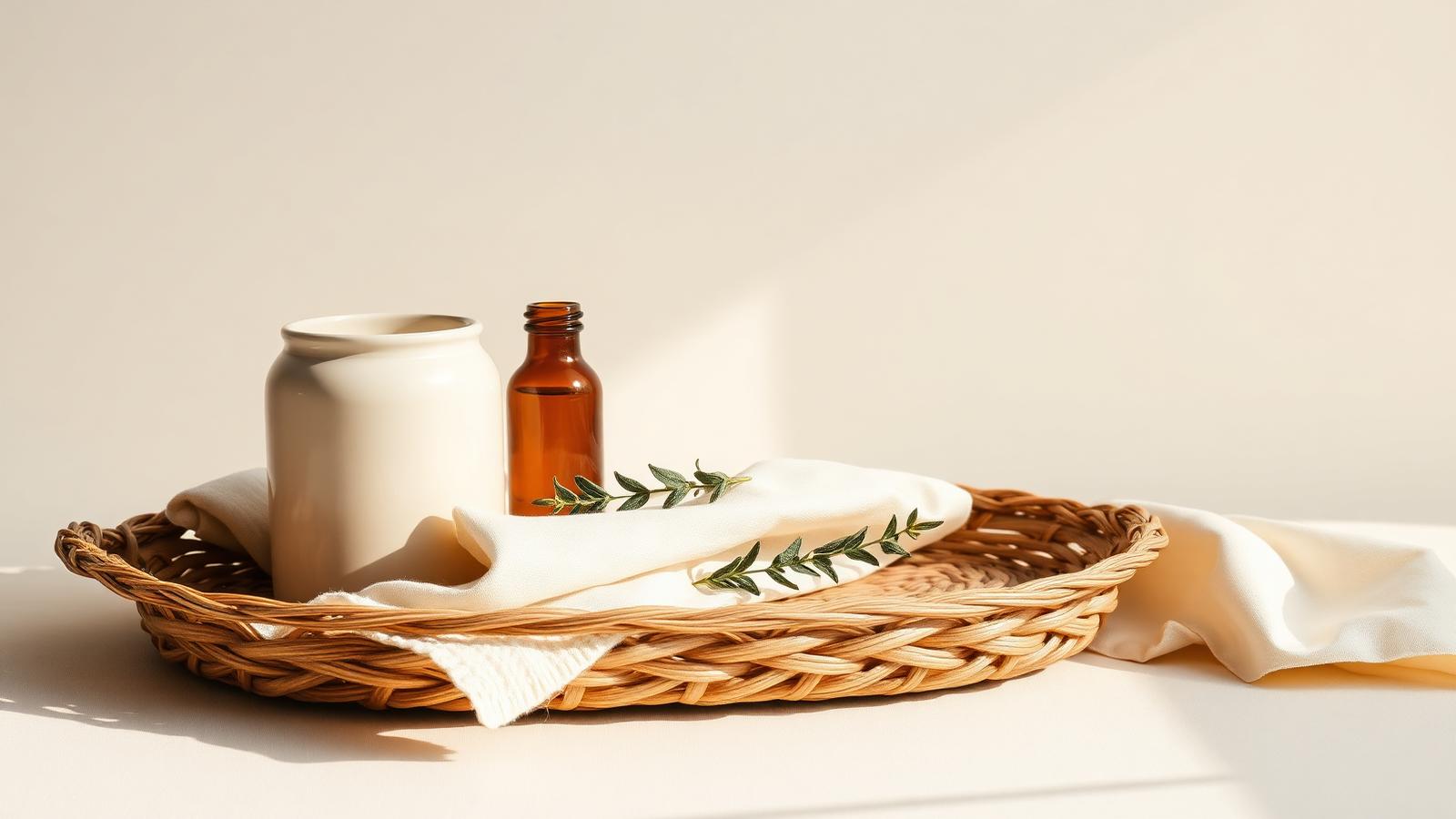 Woven tray with an unlabeled ceramic jar, amber bottle and folded linen in soft daylight