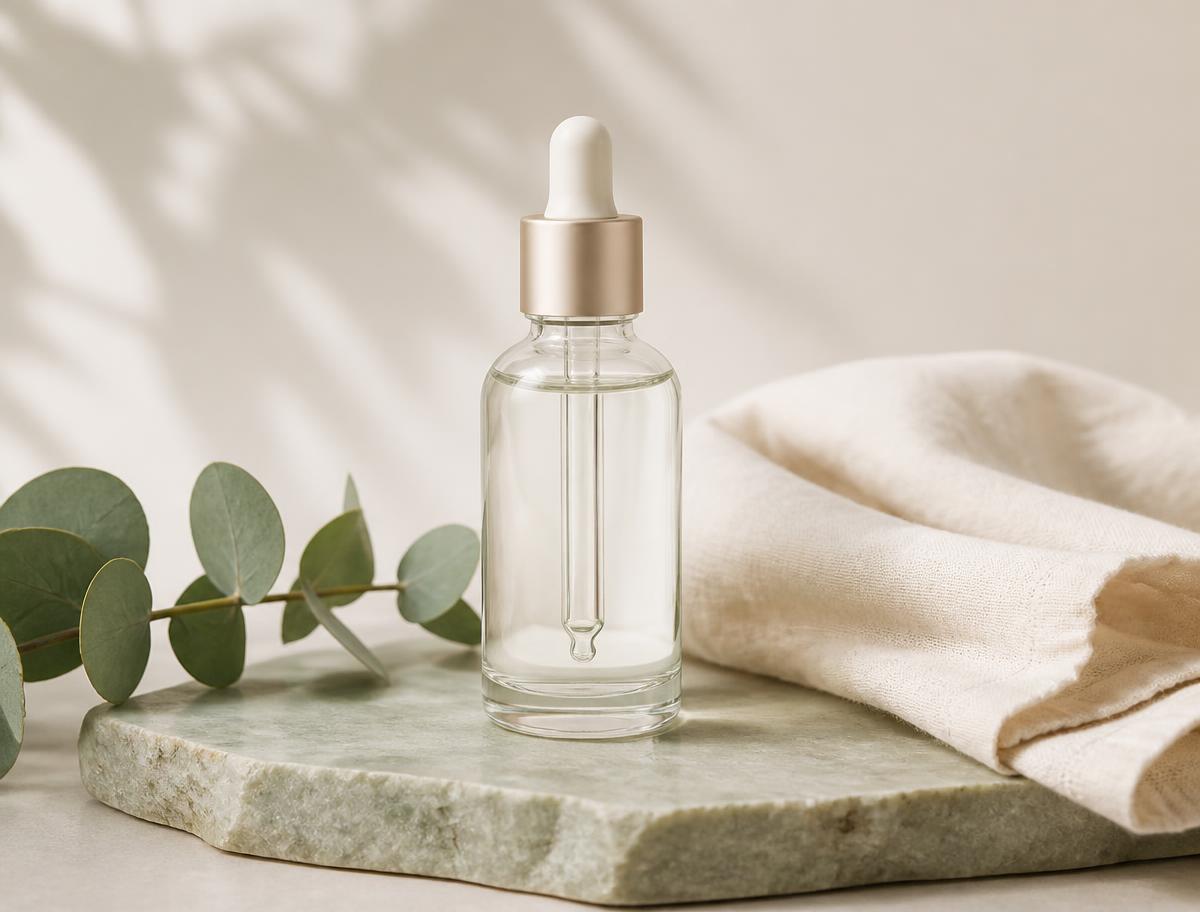 Clear unlabeled serum bottle on a pale sage stone slab with eucalyptus and folded linen