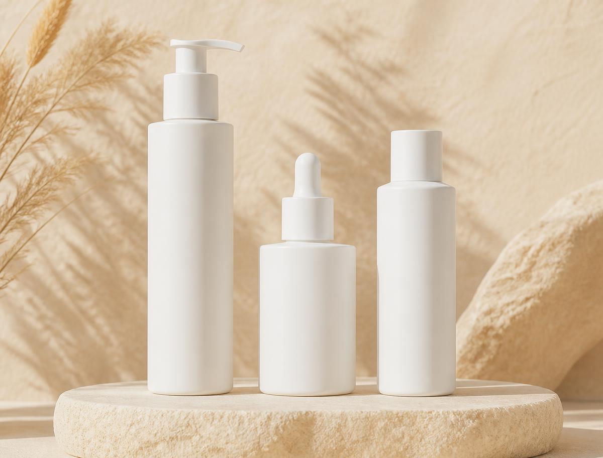 Three unlabeled skincare bottles of different heights lined up on a cream stone pedestal