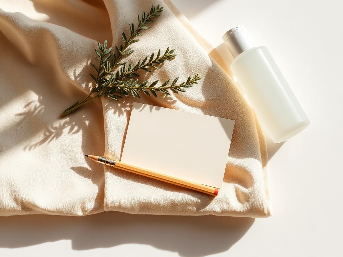 Blank notecard and pencil on cream linen beside an unlabeled skincare bottle
