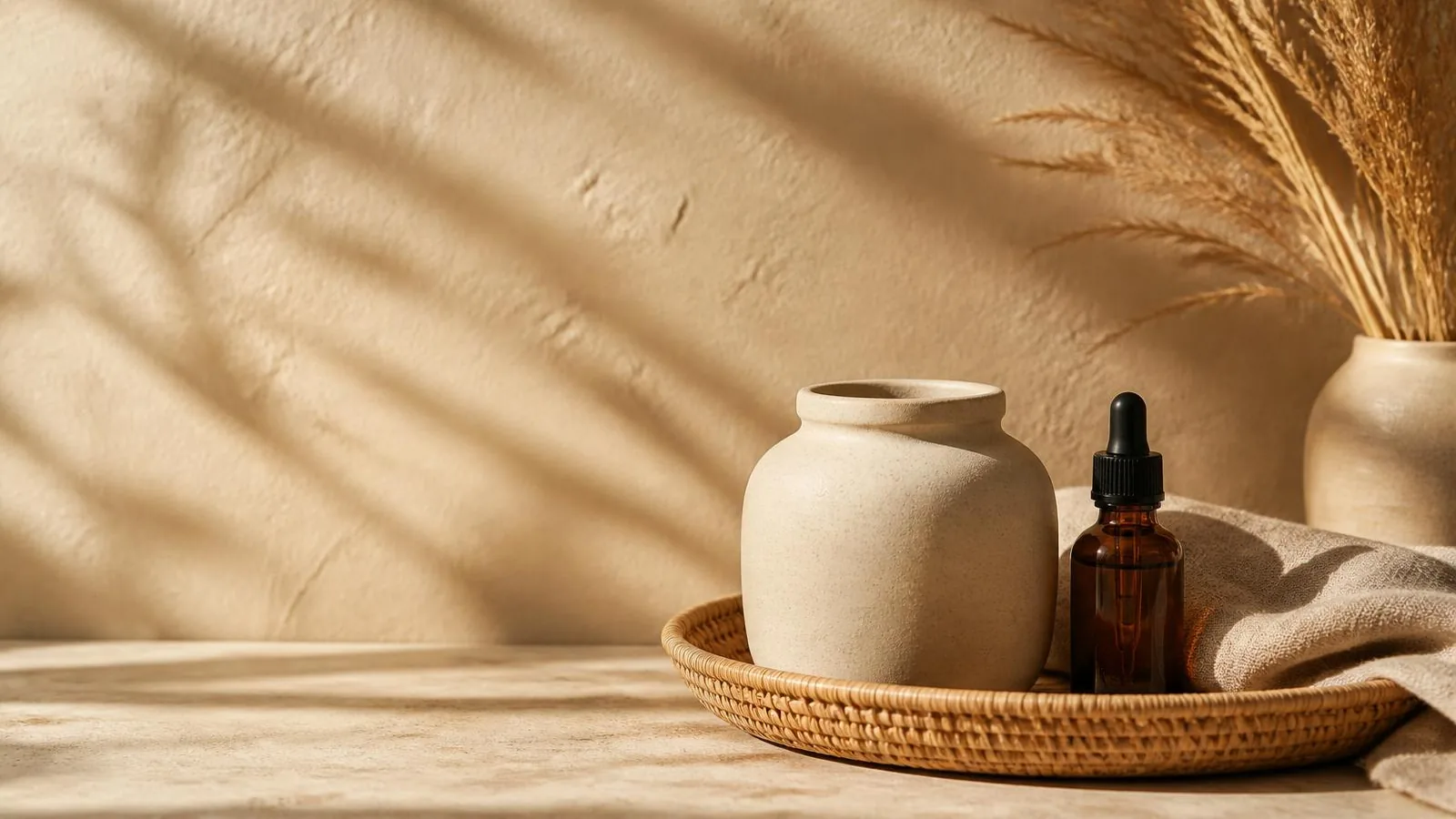 Woven tray holding an unlabeled ceramic jar and amber dropper bottle beside folded linen in soft daylight