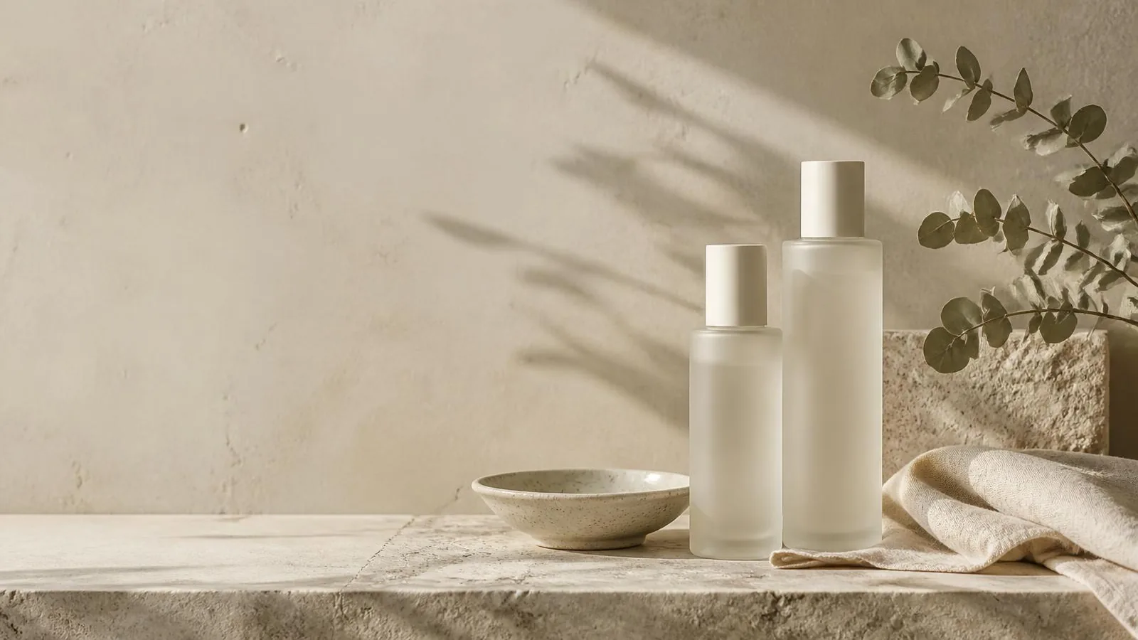 Two unlabeled frosted bottles and a shallow ceramic dish on a travertine ledge with dried eucalyptus