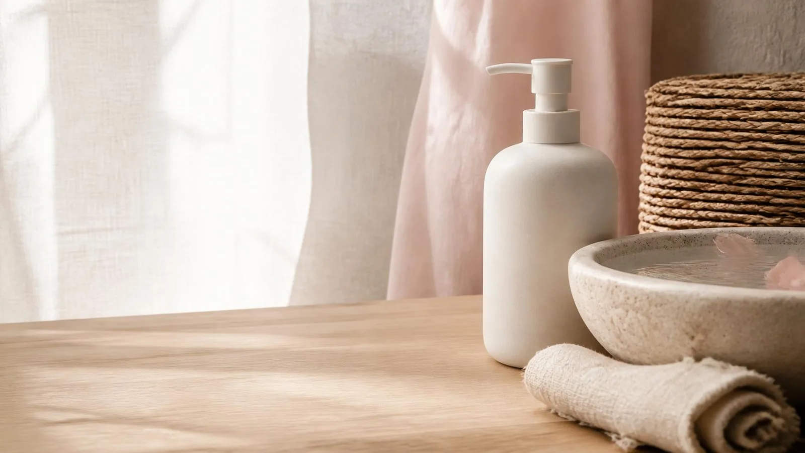Unlabeled ceramic pump bottle beside a stone bowl of water and a rolled linen cloth on pale oak