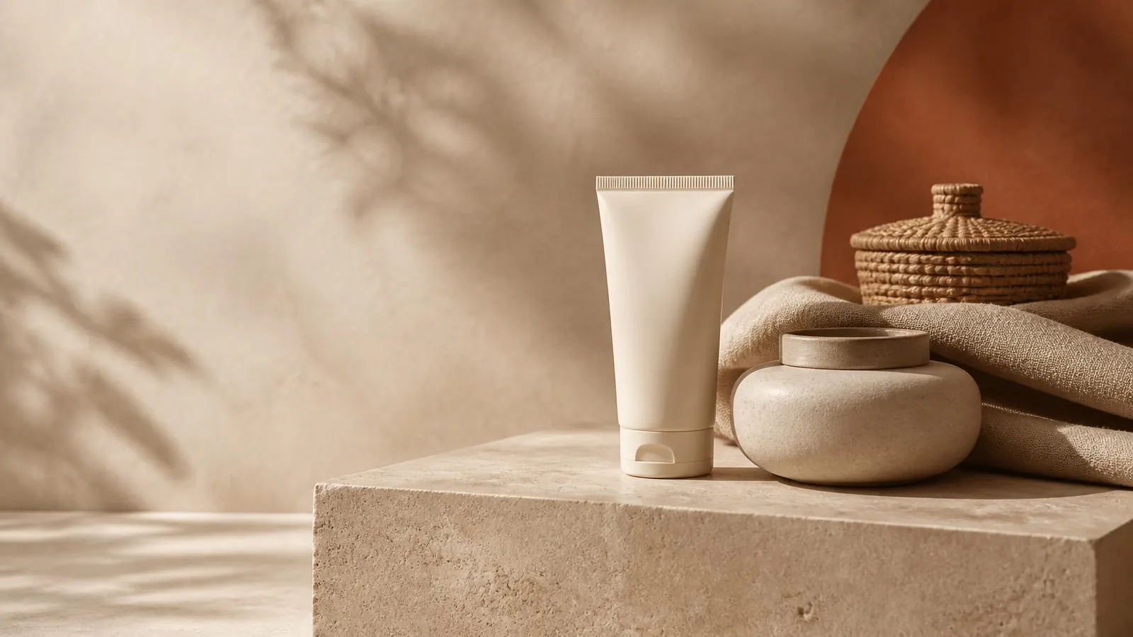Unlabeled cream tube and squat stone pot on a travertine plinth with folded linen and a woven basket