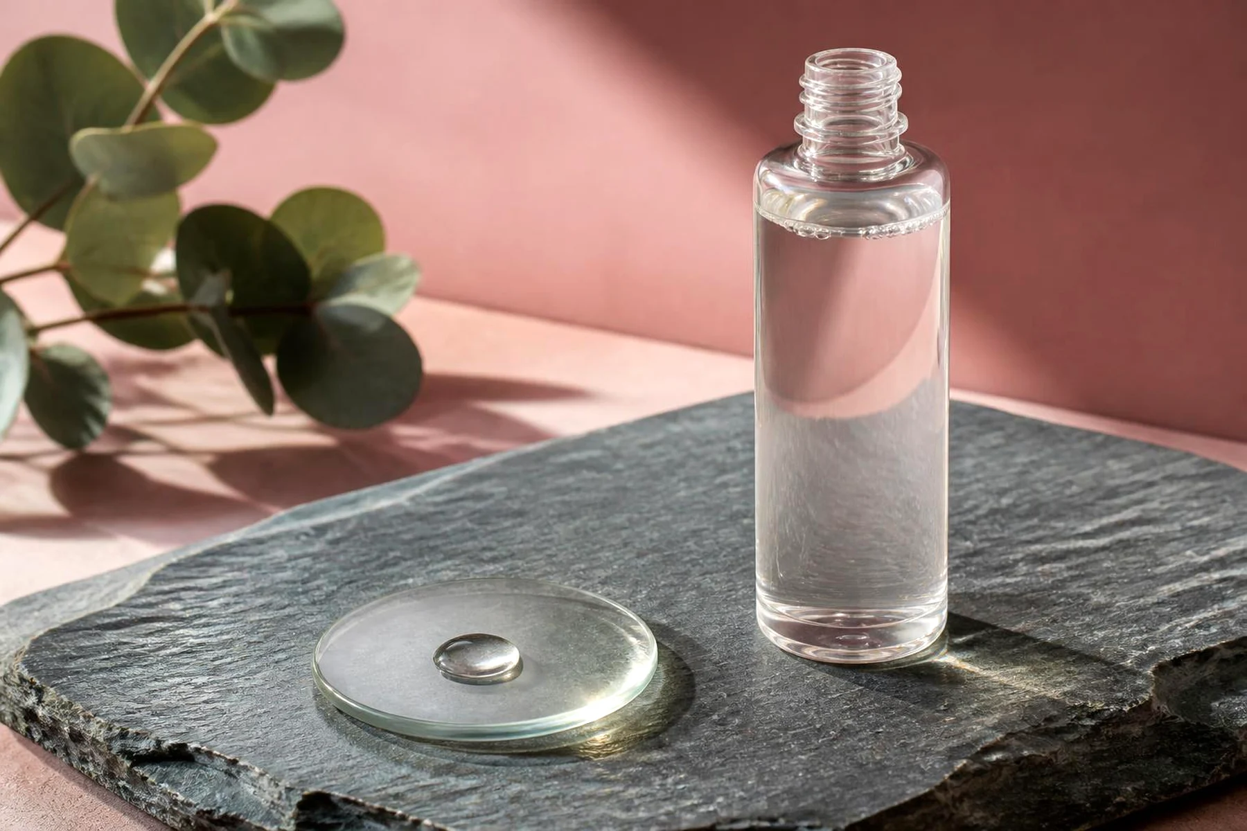 Clear unlabeled toner bottle beside a glass dish holding a single drop on cool slate stone against a dusty rose backdrop