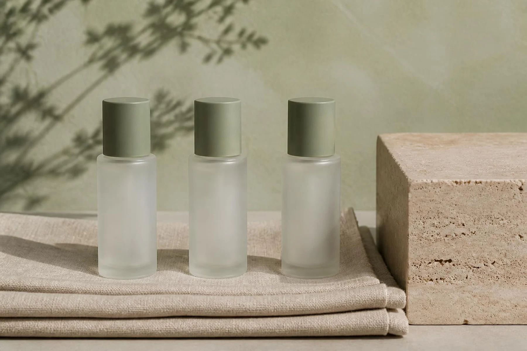 Three identical unlabeled frosted bottles spaced apart on folded oatmeal linen, laid out like a weekly exfoliation schedule