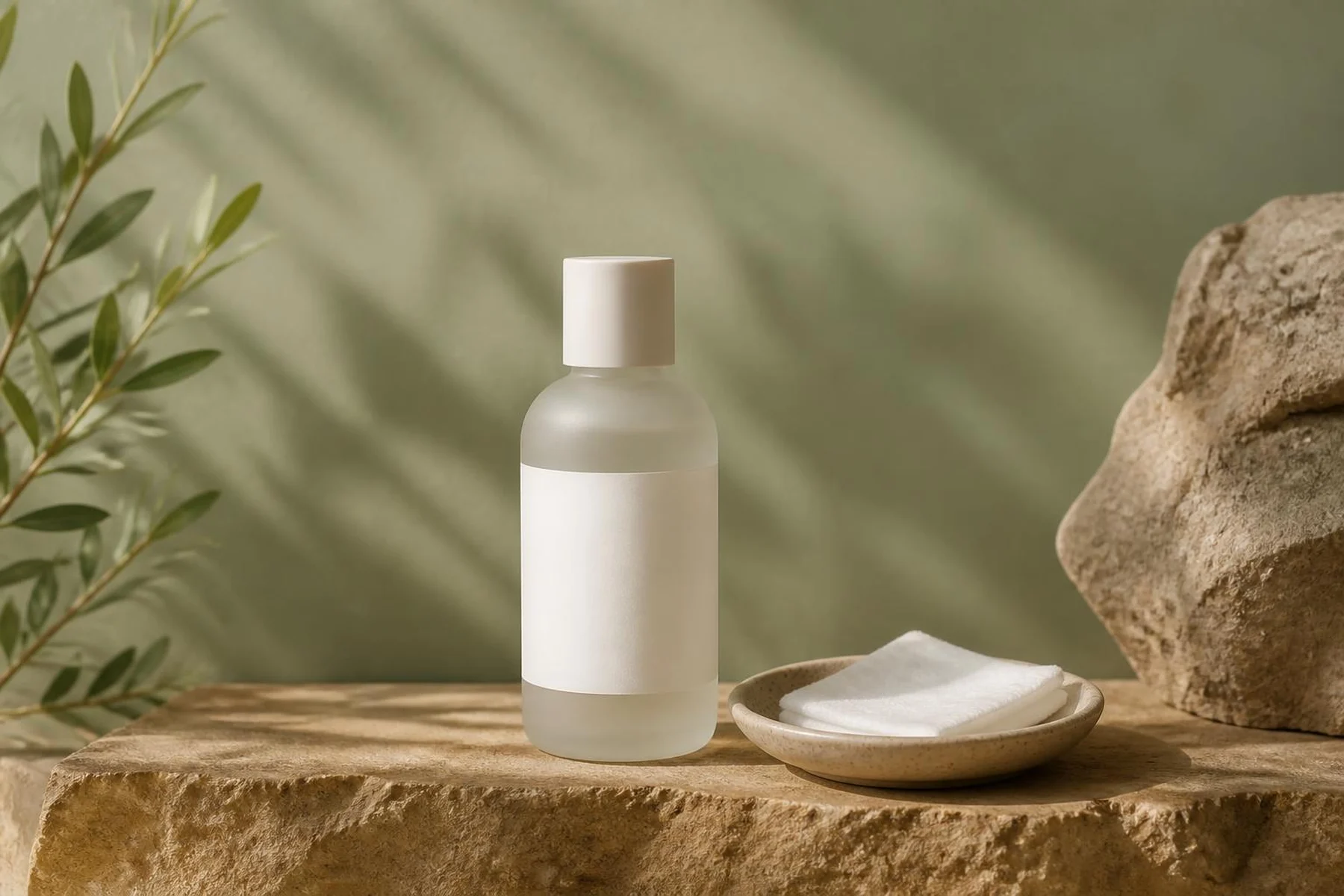 Frosted unlabeled exfoliating toner bottle and a ceramic dish of cotton pads on a sandstone ledge against a sage-green wall
