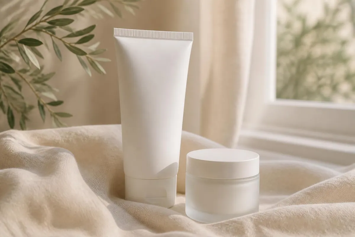 Unlabeled retinoid tube and gentle moisturizer jar on cream linen, illustrating skin purging versus a breakout