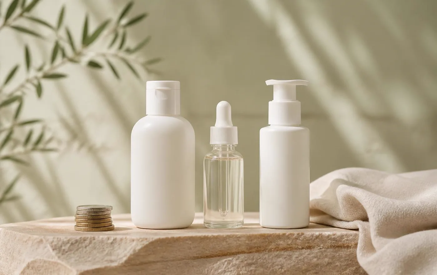 Plain unlabeled drugstore cleanser, serum and moisturizer bottles beside a small stack of coins on a sandstone ledge