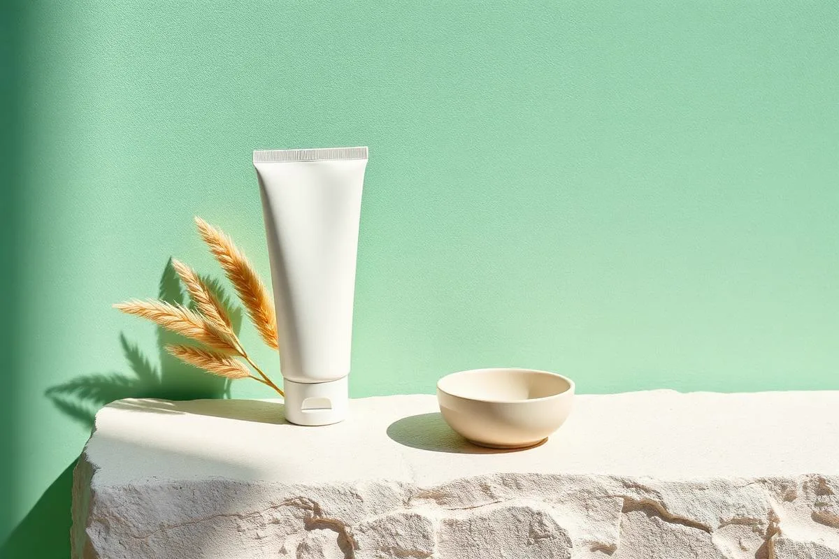 Overhead flat lay of an unlabeled foaming pump bottle, a small clear vial and a folded sage cloth on a slate stone tray with rosemary, for a skincare routine for acne