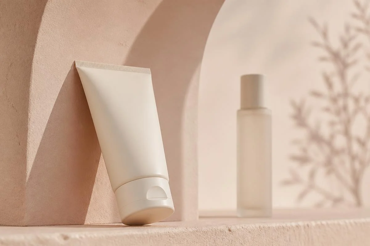 Unlabeled cream tube leaning against a pale blush plaster arch with a frosted bottle set back on the ledge, for a fair skin routine