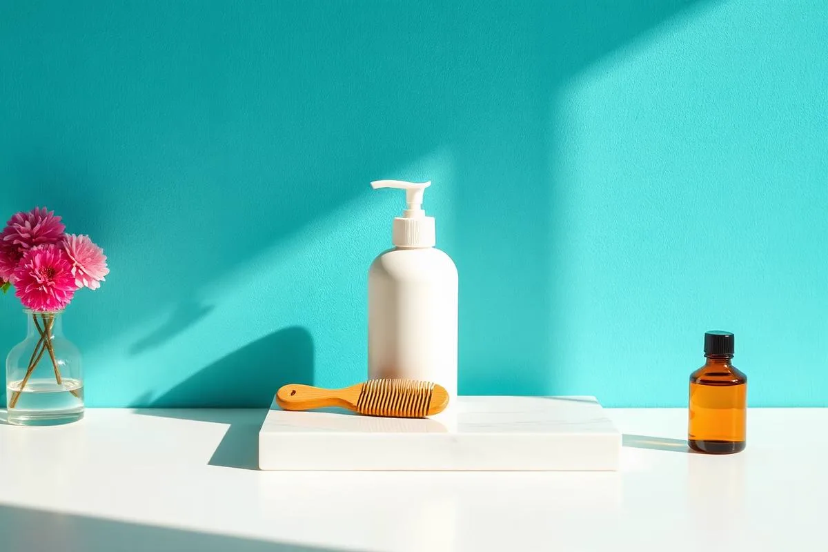 Gray-green face wash tube and a pale stone moisturizer jar on a sand stone slab against a light slate blue wall