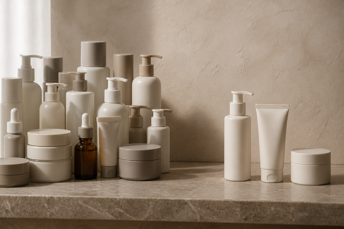 A crowded cluster of unlabeled bottles beside a tidy trio on stone against a warm oat plaster wall, showing common routine mistakes