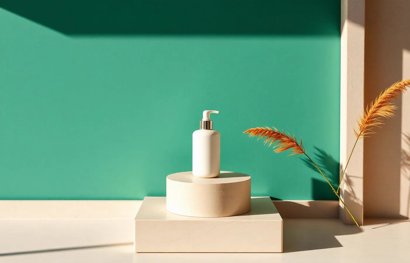 An unlabeled frosted bottle with a dried stem and seed pod against a sage wall