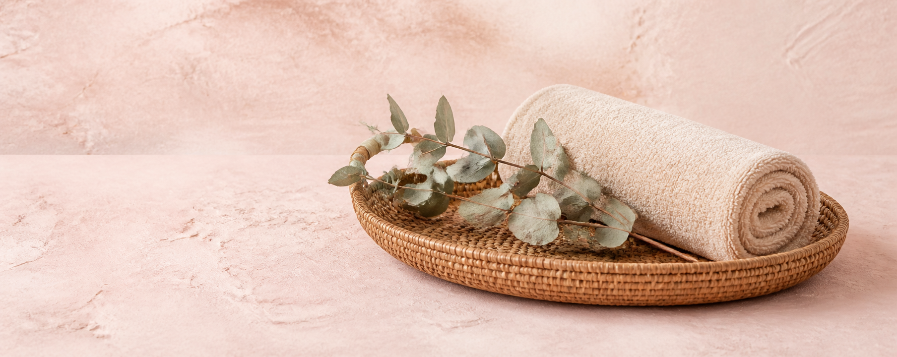 A woven rattan tray with a rolled cream towel and dried eucalyptus on blush plaster