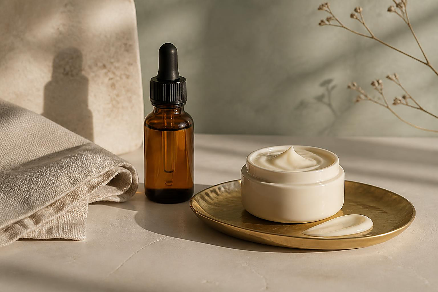 A rich cream jar, retinol bottle and linen cloth on smooth plaster with a soft gold accent, for a dry skin anti-aging routine
