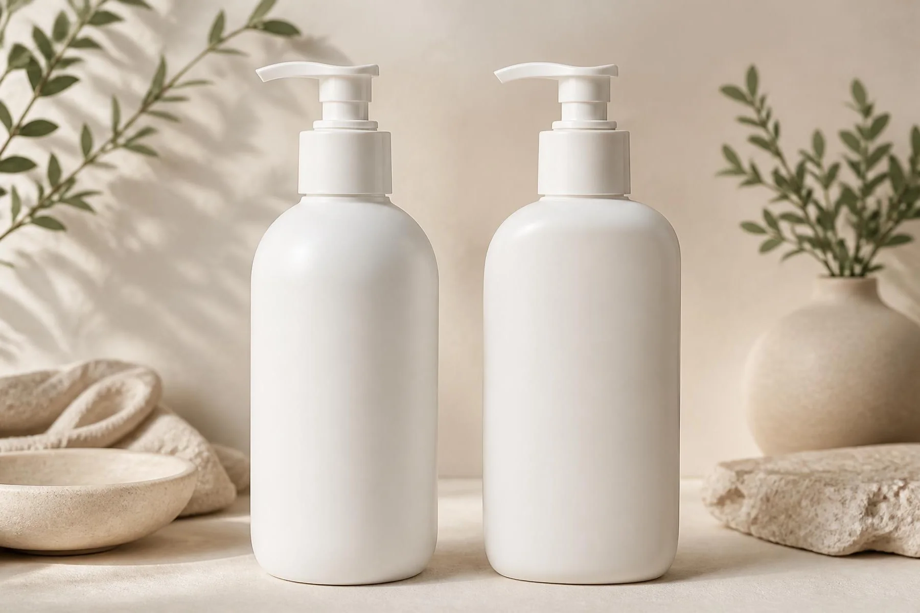 Two plain white moisturizer tubes side by side on cream stone with a cream swatch between them