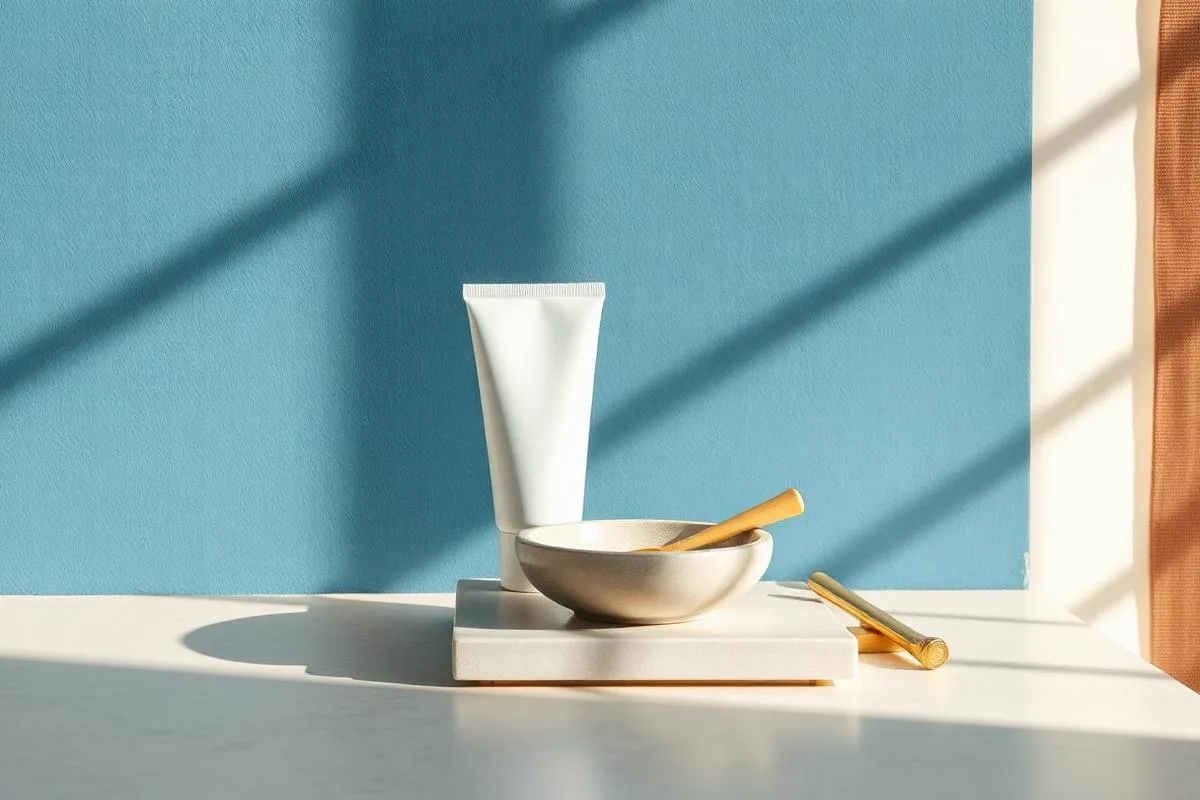 Gray-green face wash tube and a pale moisturizer jar on sand stone against a light slate blue wall, for a men's skincare routine