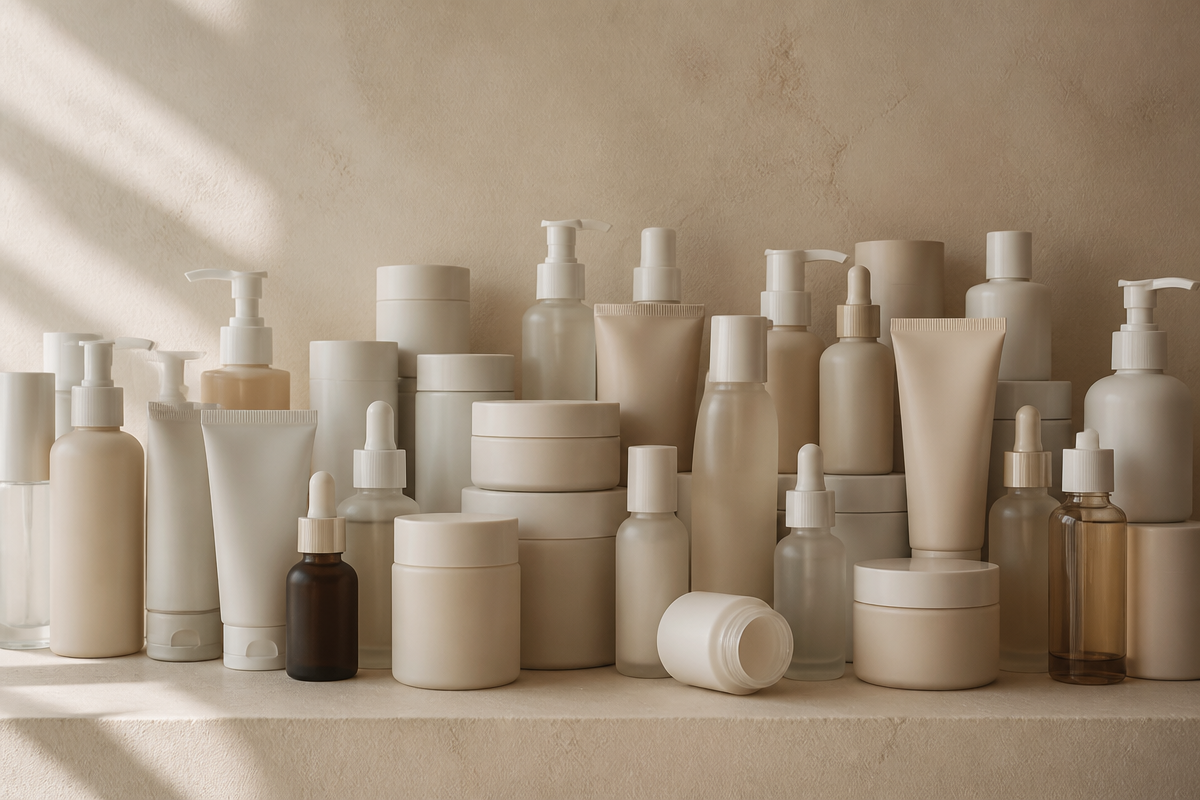 A crowded cluster of unlabeled bottles beside a tidy trio on stone against a warm oat plaster wall, illustrating common routine mistakes