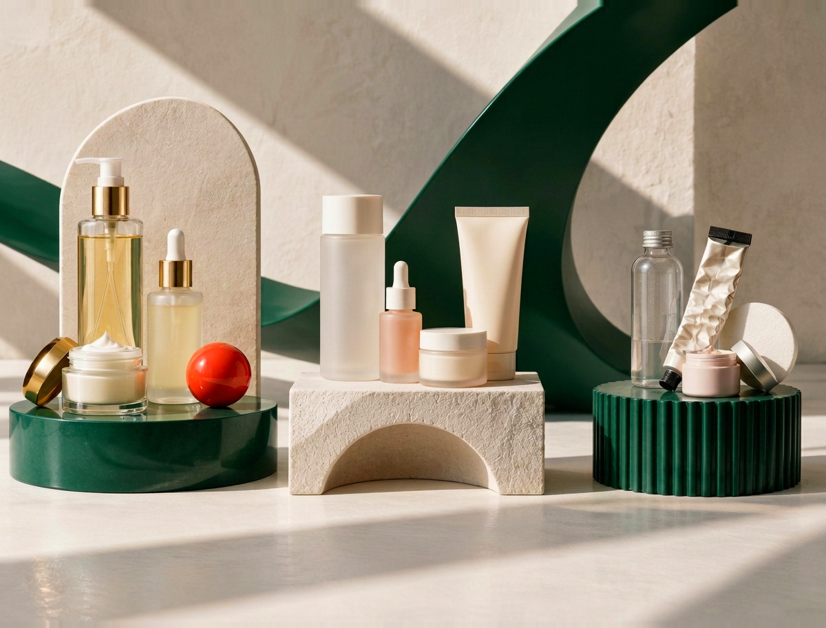 Unlabeled skincare bottles and jars arranged on three sculptural cream and deep green stages in hard daylight, with a playful coral sphere