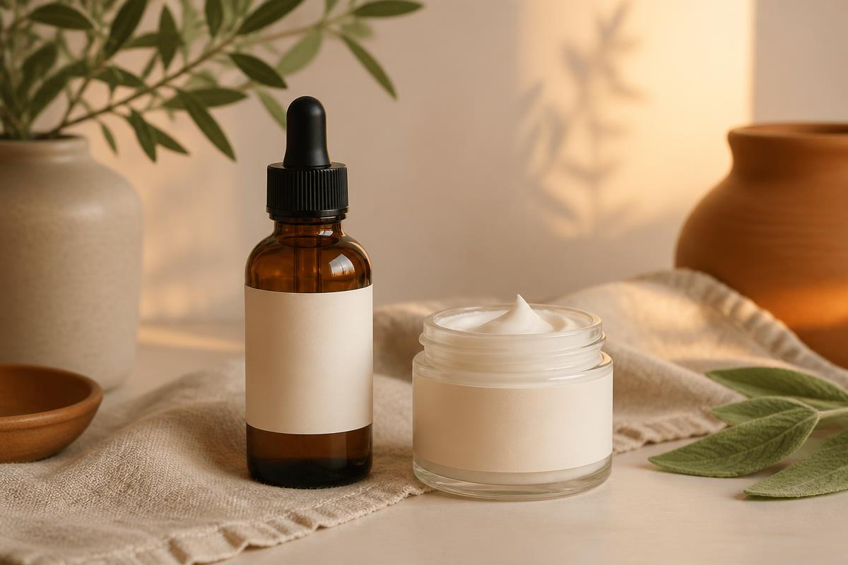 Unlabeled amber dropper bottle and a glass jar of rich cream on linen in warm evening light