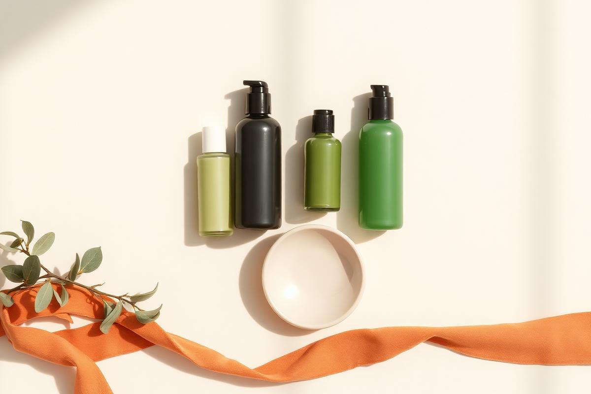 Four unlabeled skincare bottles spaced evenly beside a pale ceramic dish and a terracotta ribbon on cream