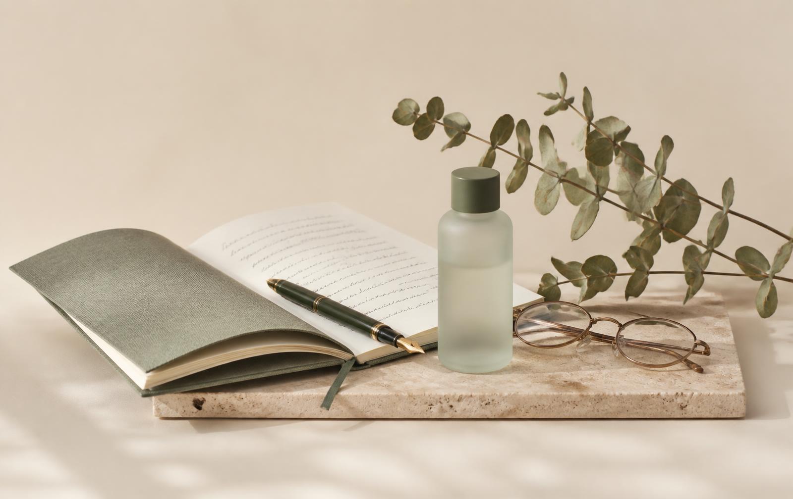 Open linen notebook, fountain pen, reading glasses and an unlabeled frosted bottle on a travertine tray