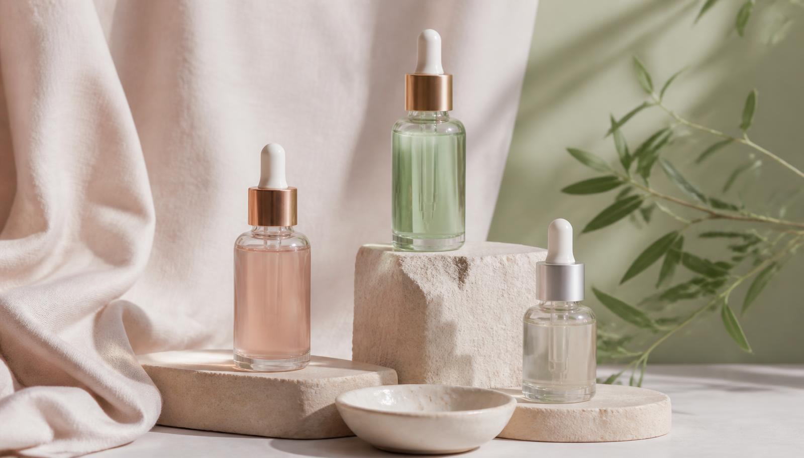 Three unlabeled dropper serum bottles on pale sandstone plinths beside a small ceramic dish