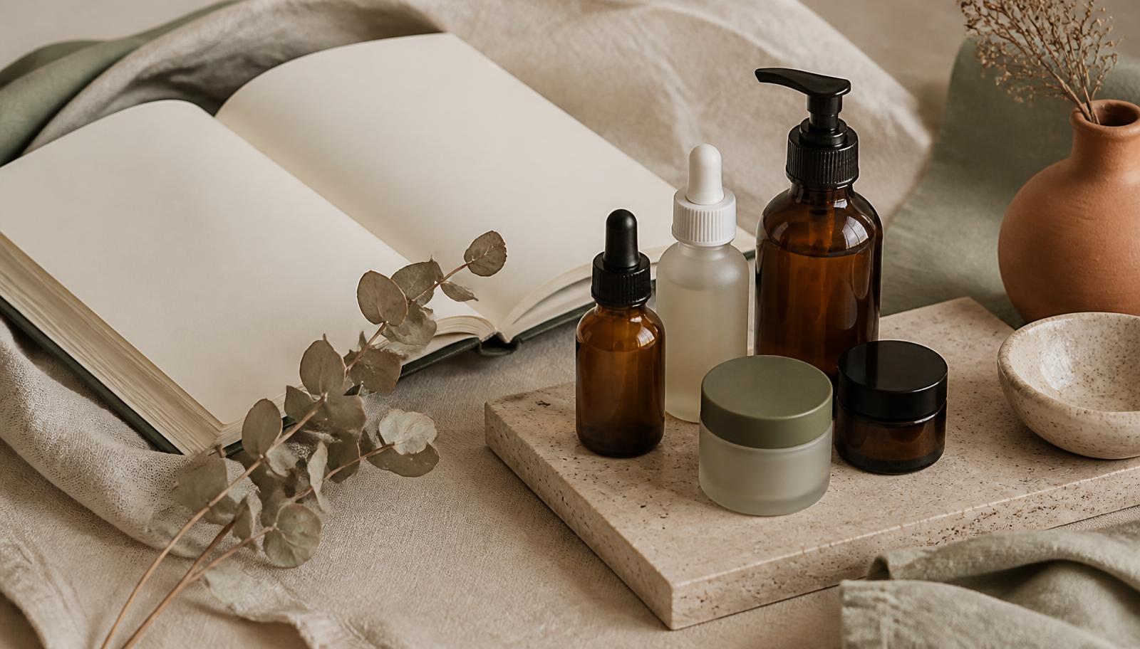 Open blank notebook beside unlabeled amber and frosted skincare bottles on a travertine tray over oat linen