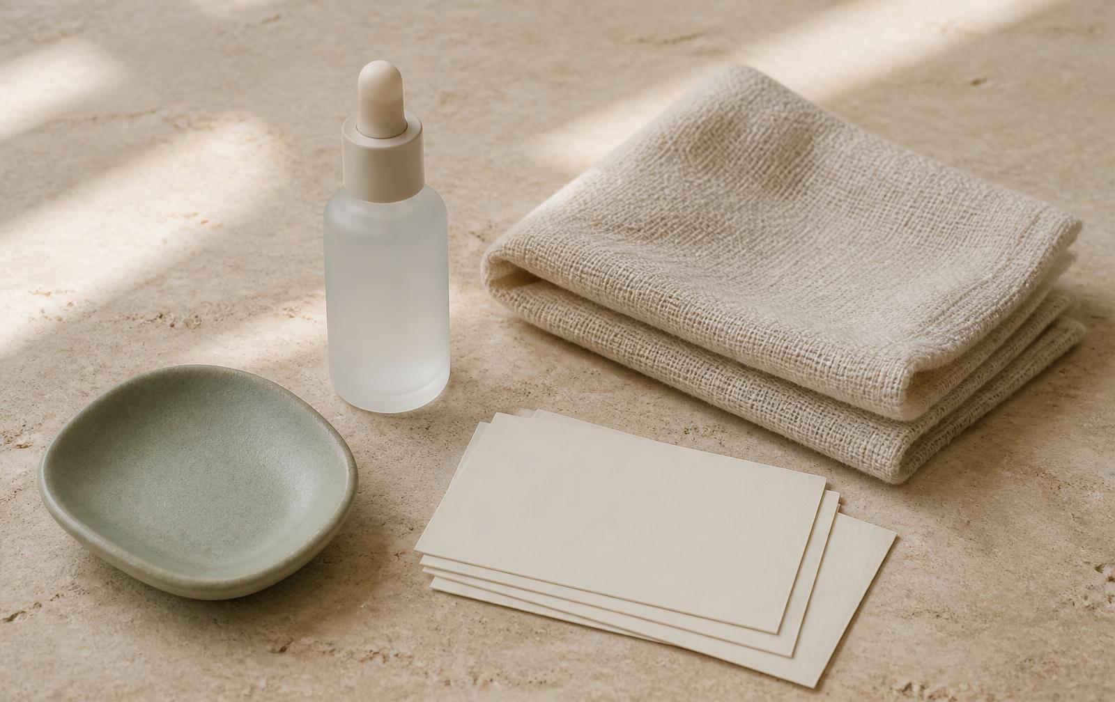 Frosted serum bottle and folded linen swatch beside a stack of blank index cards on warm travertine