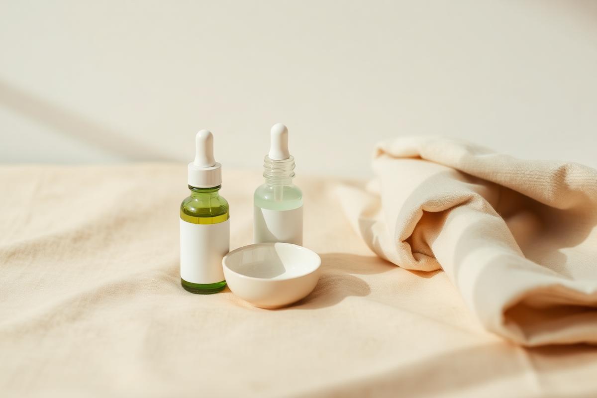 Two unlabeled dropper serum bottles beside a small ceramic dish on warm sand linen