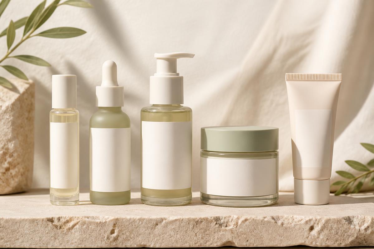 Five unlabeled skincare bottles and jars lined up from thin serum to thick cream to a sunscreen tube on a stone shelf