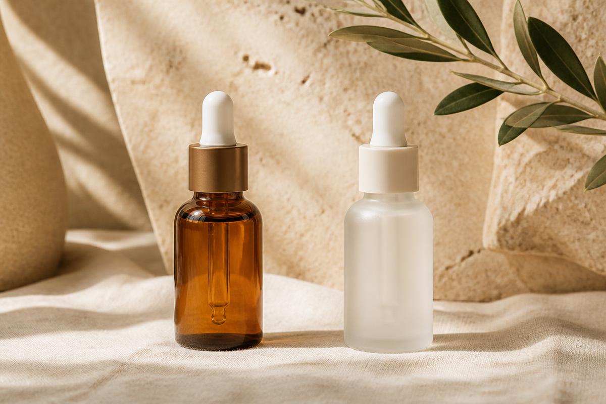 Two unlabeled serum dropper bottles facing each other on cream linen in soft daylight