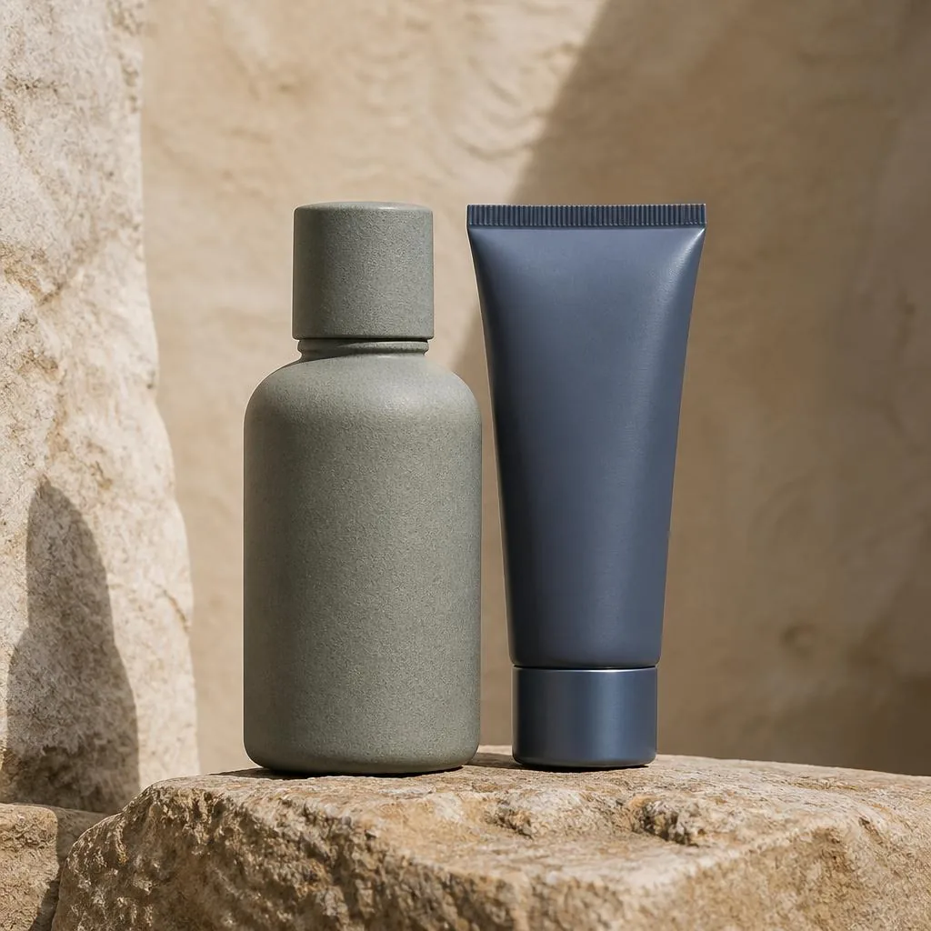 Gray-green clay bottle on rough sandstone in crisp natural light