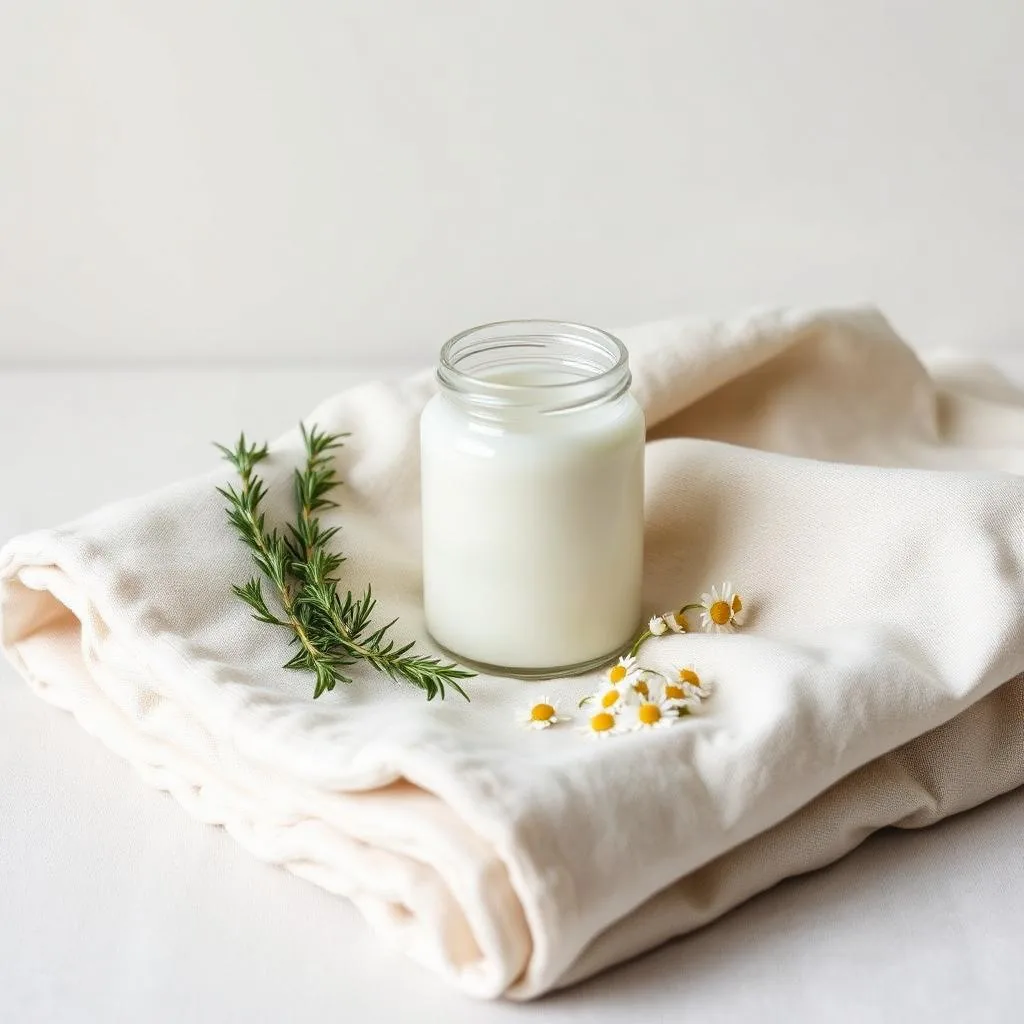 Unlabeled white glass jar on folded cream linen beside a sprig of rosemary