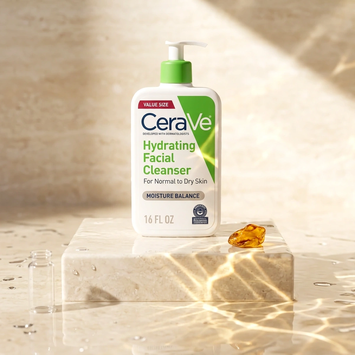 CeraVe Hydrating Facial Cleanser pump on wet travertine with amber glass, golden caustics, and clear droplets