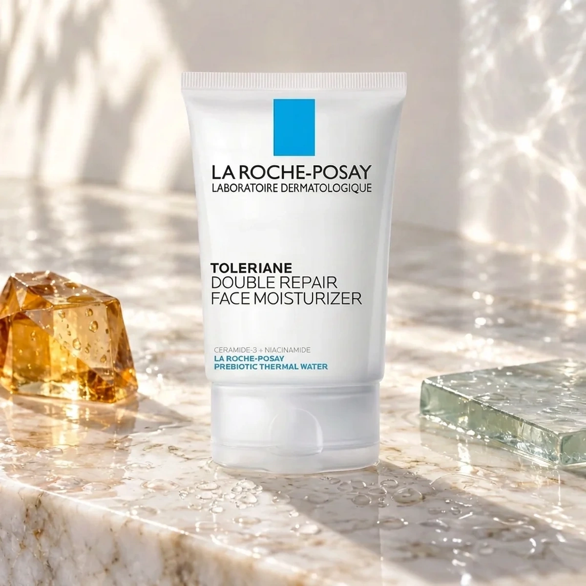 La Roche-Posay Toleriane Double Repair Face Moisturizer tube on a dewy mineral vanity with amber and Sea Glass accents
