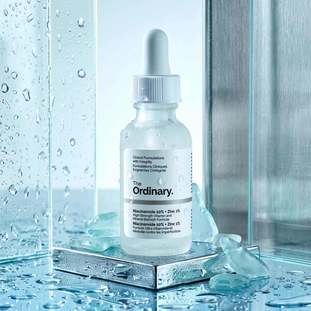 The Ordinary Niacinamide 10% + Zinc 1% dropper bottle on wet glass and chrome with frozen dew and cool refracted light